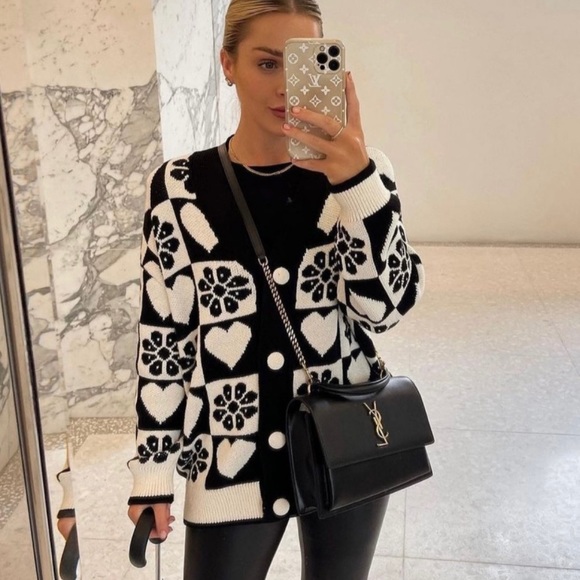 Zara Blogger Favorite Jacquard Checkered Heart & Floral Cardigan - Picture 2 of 11